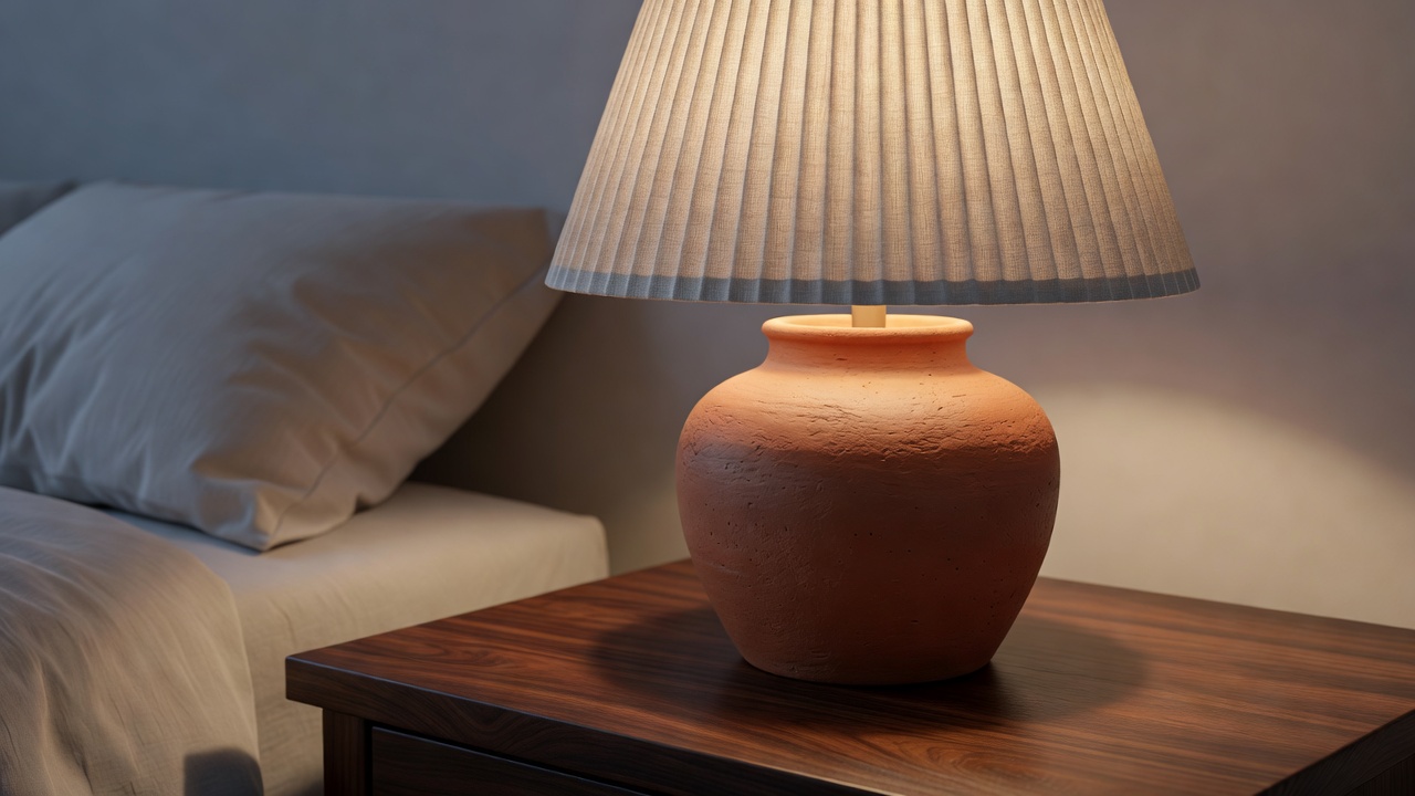 Textured terracotta table lamp with pleated linen shade on dark wood