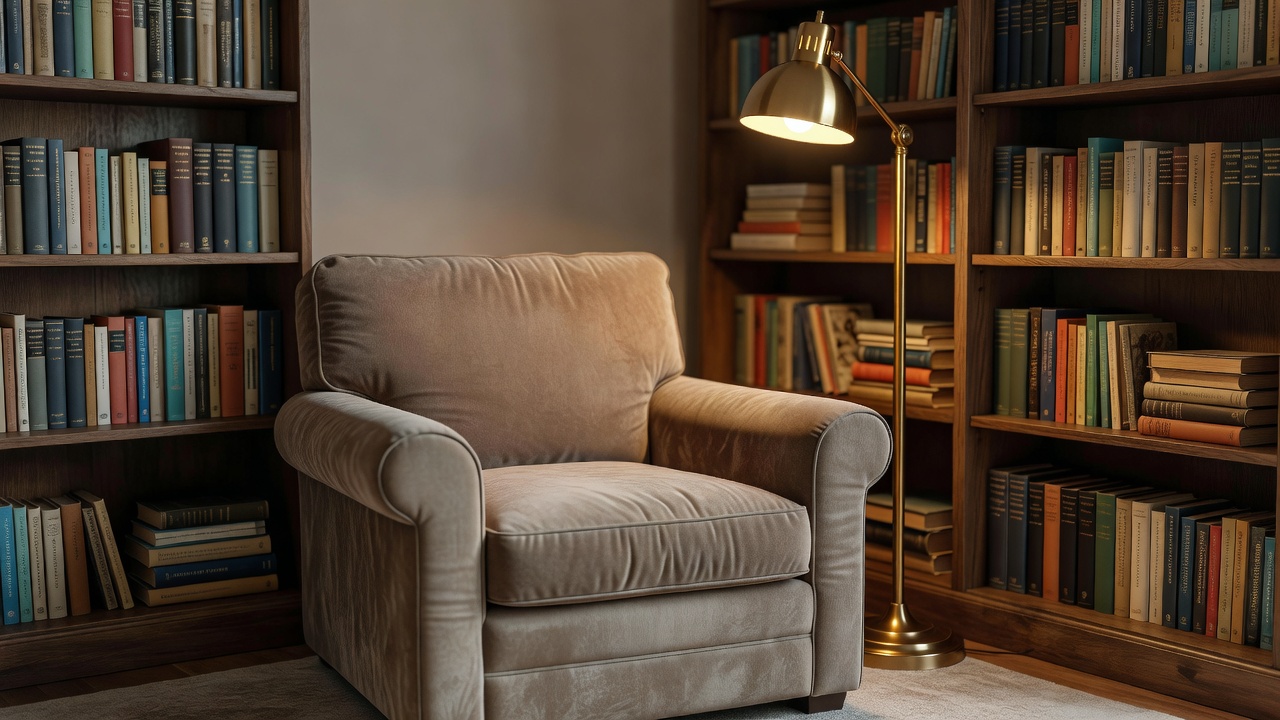A comfortable upholstered chair with brass pharmacy floor lamp beside bookshelves