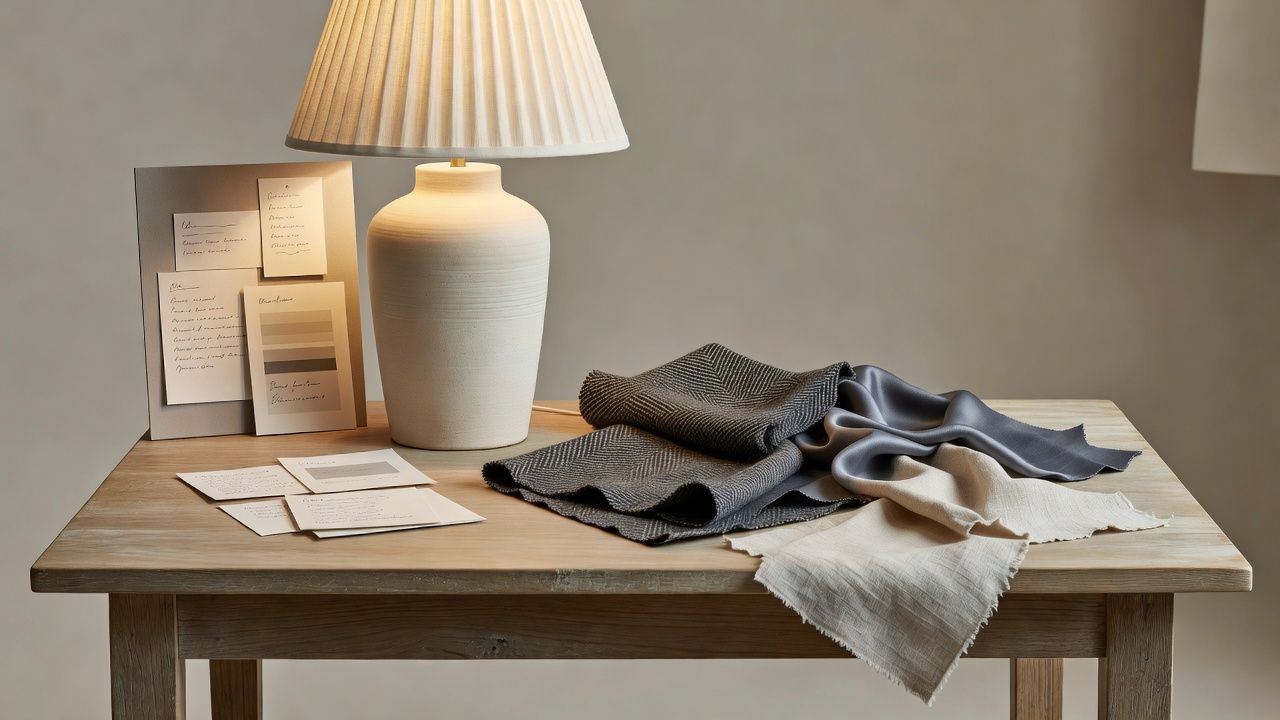 A modest writing desk with warm ceramic lamp and fabric swatches