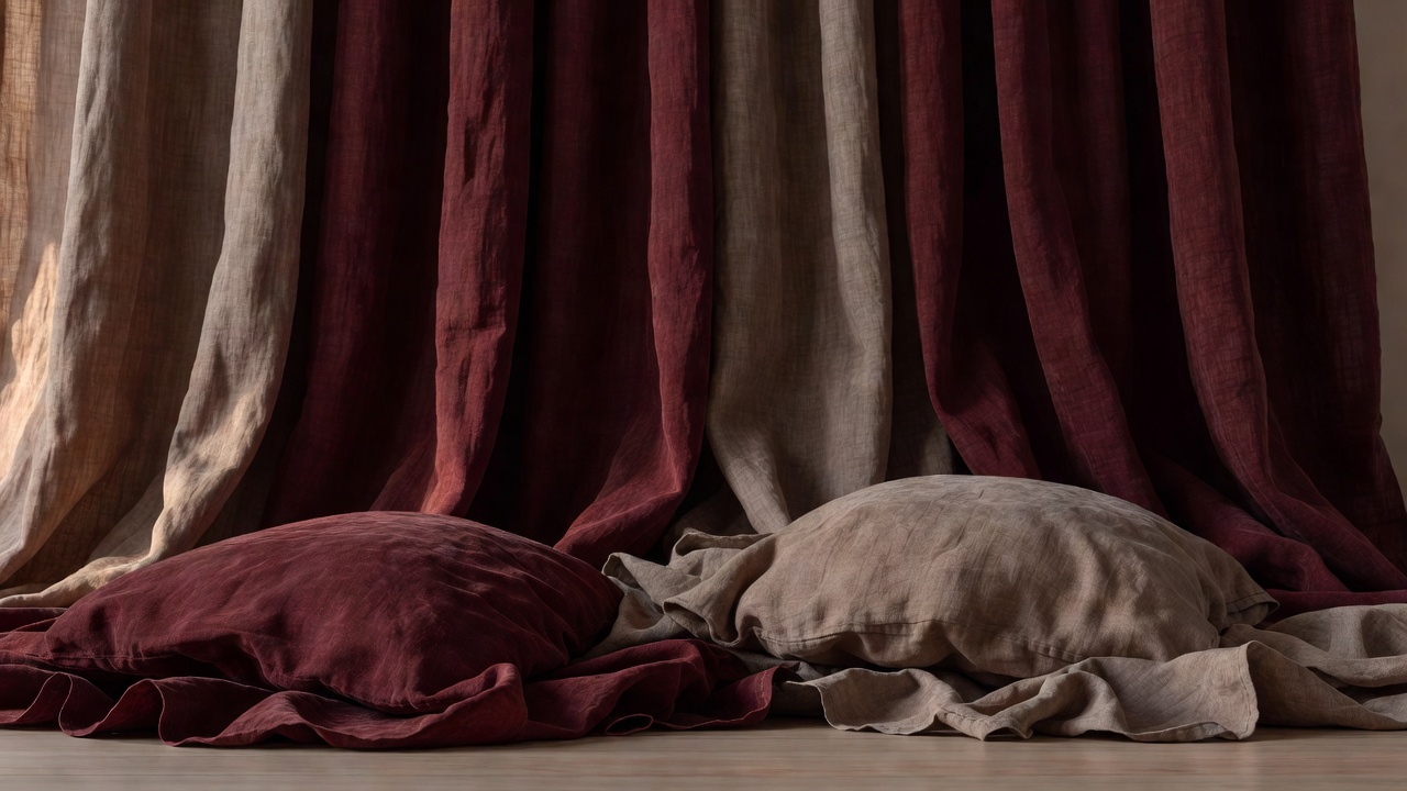 Rich folds of burgundy and taupe heavy linen curtains pooling on the floor