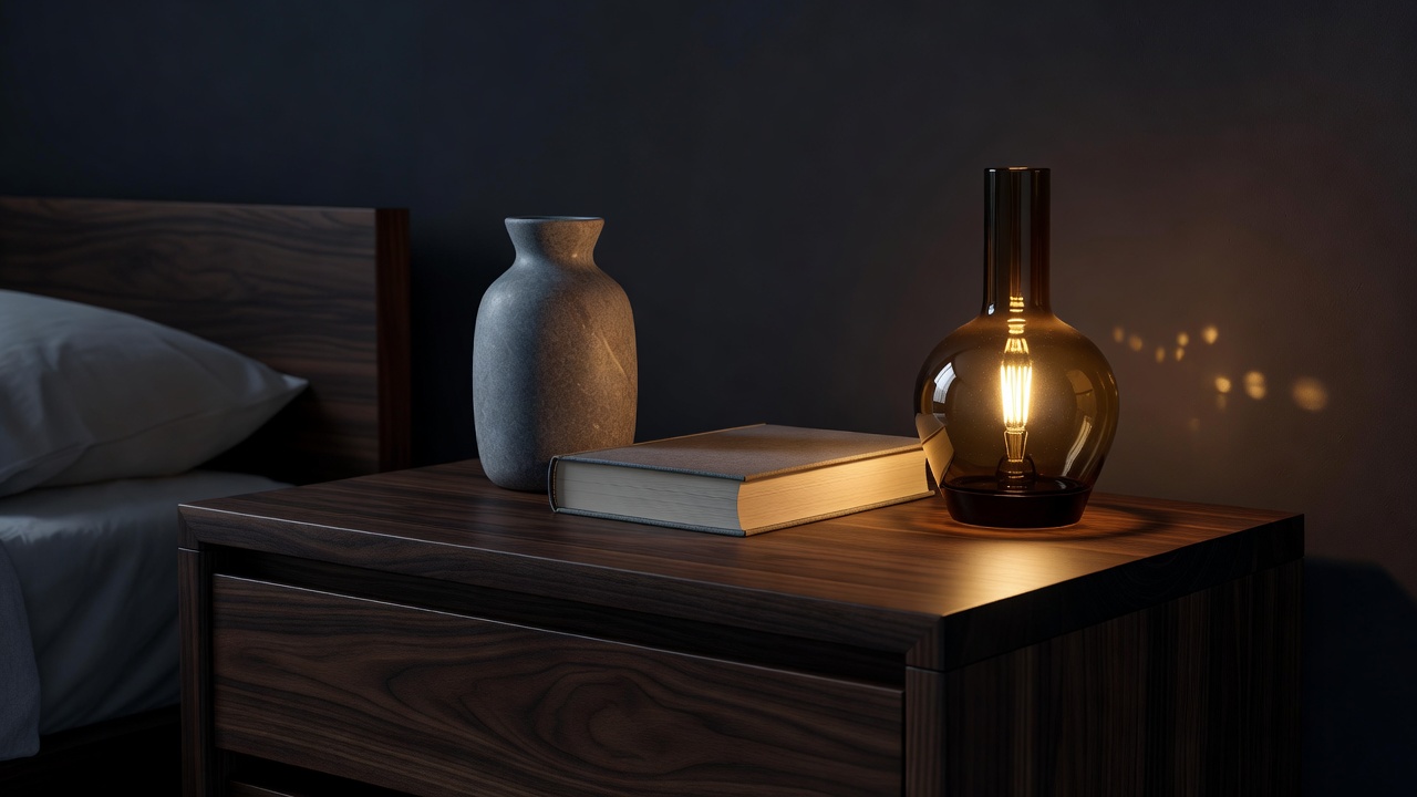 A dark timber nightstand with a stone carafe, hardback book, and amber lamp